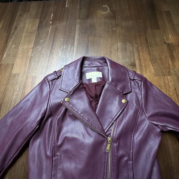 Michael Michael Kors Jacket Womens Small Burgundy Moto Faux Leather Gold Zipper - Picture 8 of 16